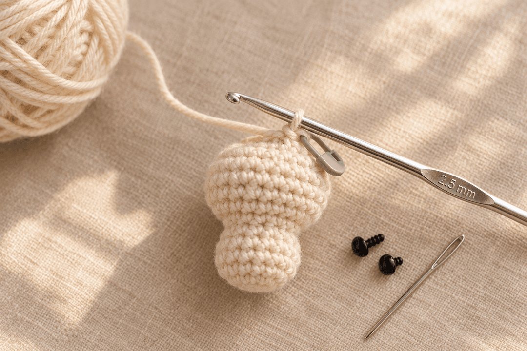 Overhead close-up of the cream cotton crochet mushroom body in progress on a 2.5 mm silver hook, small ball of cream cotton DK yarn softly blurred left, green locking stitch marker clipped into the working stitch, silver tapestry needle and two tiny 6 mm black safety eyes waiting beside on cream linen, warm natural window light, photorealistic craft photography, shallow depth of field
