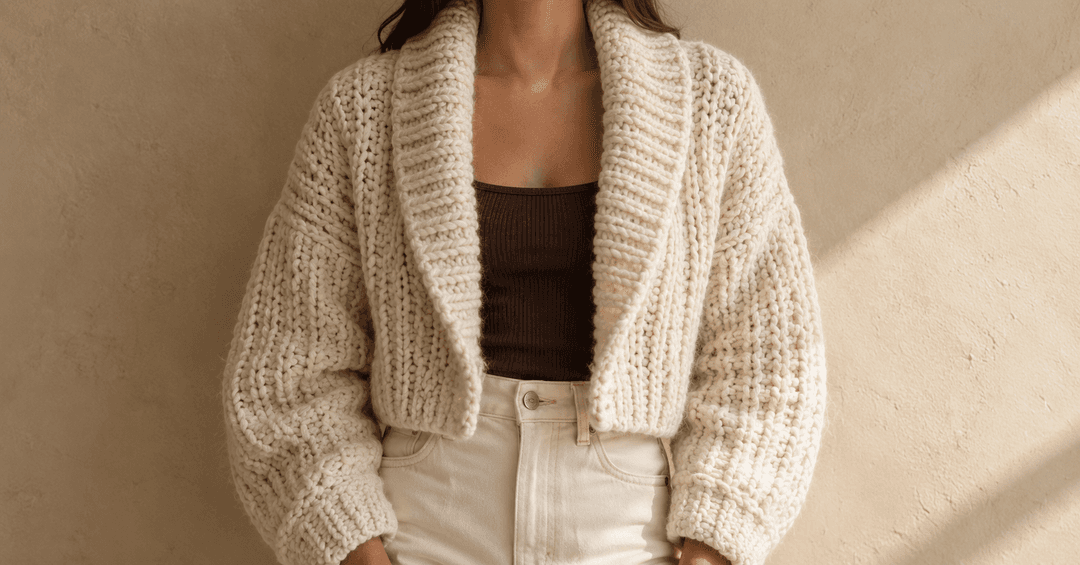 A woman wearing a handmade chunky crochet cardigan in cream super-bulky wool — cropped waist-length, oversized drop-shoulder fit, with a wide shawl collar folded outward and tall knit-look vertical column stitches on the body and sleeves. Underneath, a chocolate brown ribbed tank and high-waist cream jeans. Soft beige plaster wall background with a warm diagonal window-light shadow from the side.