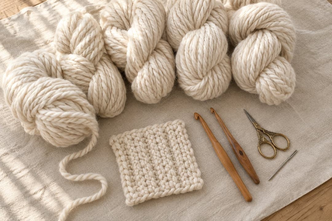 Overhead flat lay of five plush skeins of undyed cream super-bulky merino wool arranged on a cream linen surface, with one skein partially unwound. In front: a small square crochet swatch in the same cream wool showing tall knit-look vertical column stitches, two wooden crochet hooks (10 mm and 9 mm), a small pair of brass embroidery scissors, and a tapestry needle. Warm natural window light casting soft diagonal shadows on the linen.