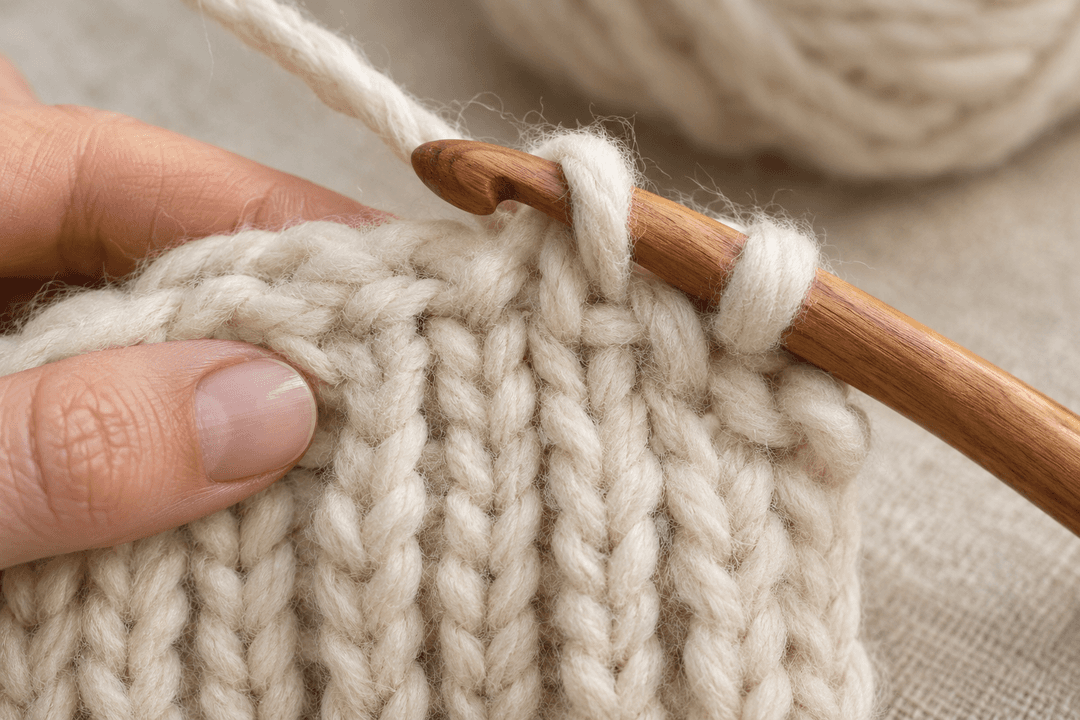 Extreme macro close-up of a woman's hand holding a chunky crochet swatch in cream super-bulky wool, with a wooden 10 mm crochet hook pushed through the horizontal third loop that sits behind the top two loops of a hdc from the previous row. The finished rows above show tall vertical knit-look column stitches like knit stockinette. A ball of cream super-bulky wool sits out of focus in the background.