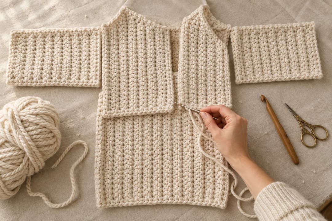 Overhead photograph of the five flat crochet panels of the cardigan laid out on cream linen in their seaming position — a large back panel in the center, two smaller front panels above it overlapping at the shoulders, and two horizontal sleeve panels fanned to the left and right, forming a T. A woman's hand holds a threaded tapestry needle mid-seam at the shoulder, whip-stitching the front panel to the back. A ball of cream super-bulky yarn, a wooden 10 mm crochet hook and brass embroidery scissors sit to the sides on the cream linen.