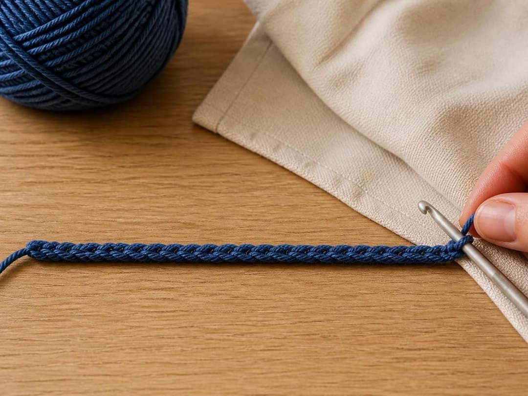 Foundation chain of 28 stitches in denim blue yarn on a wooden surface