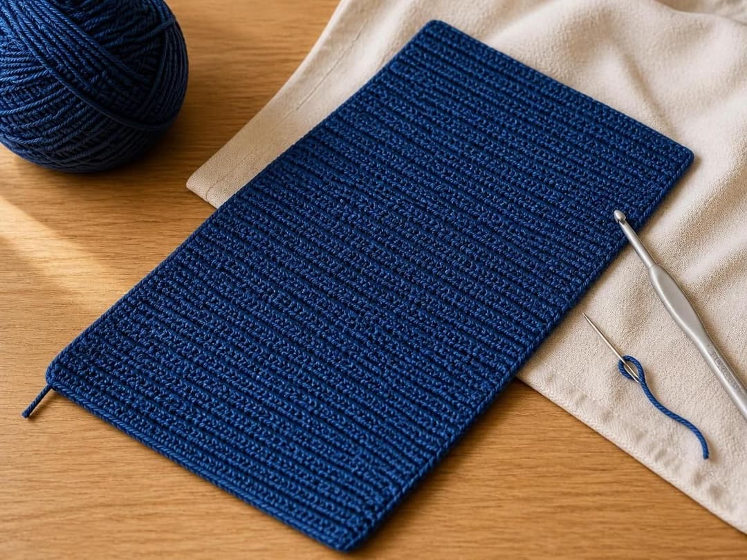Completed flat crochet rectangle in denim blue draped on cream linen with a 5mm hook