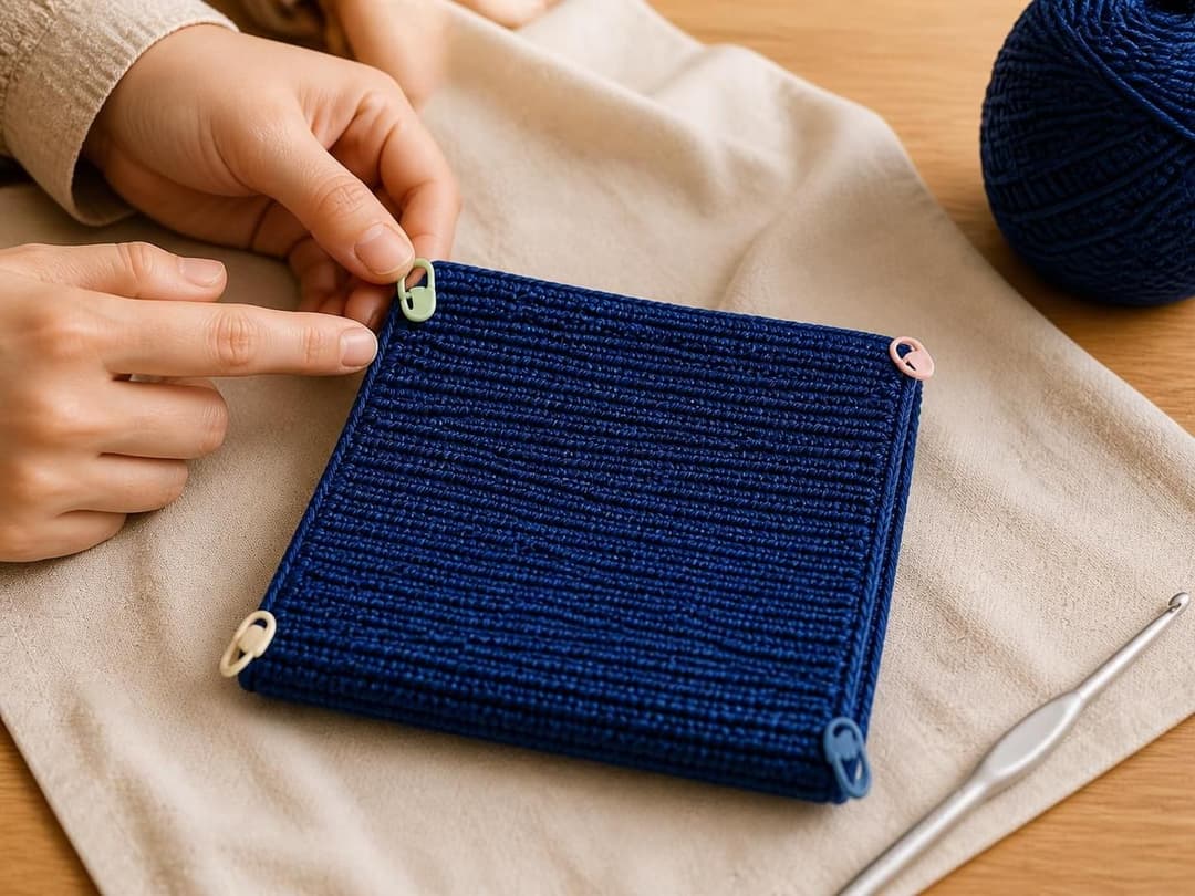 Crochet rectangle folded in half with stitch markers pinning the two side edges together