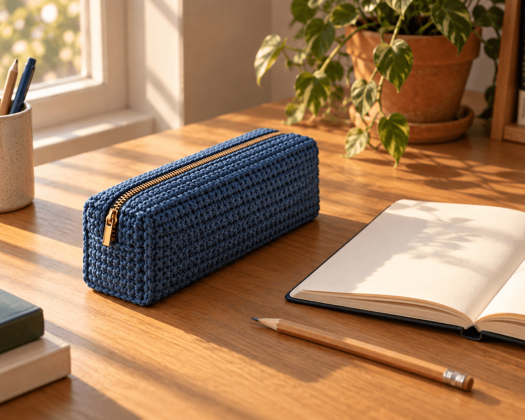 Finished denim-blue crochet pencil case standing upright on a desk with pens and a ruler inside