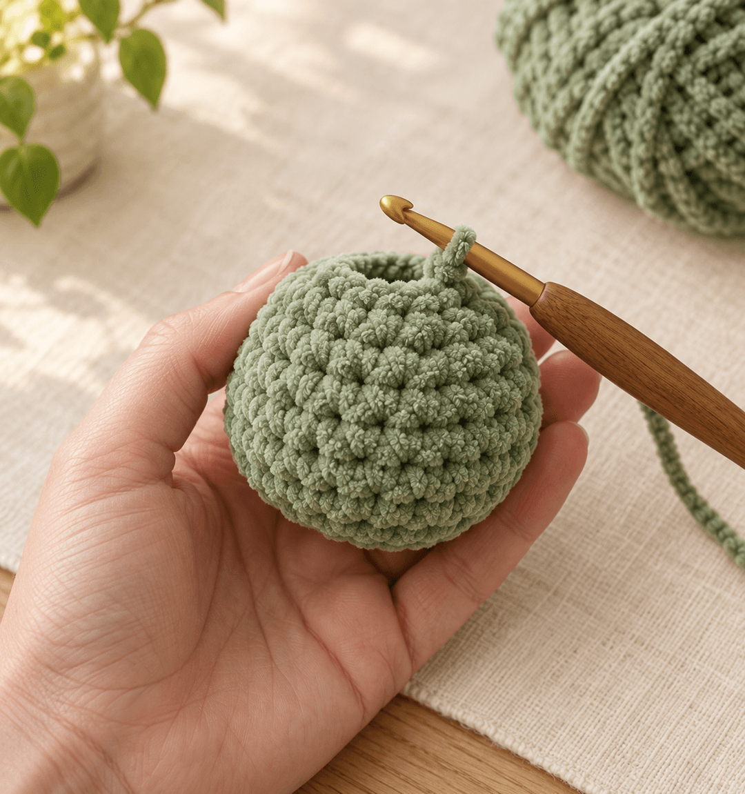 The finished stuffed turtle head — a firm sage green chenille dome about 2.5 inches wide, still on the hook with the working loop live, ready to attach to the shell