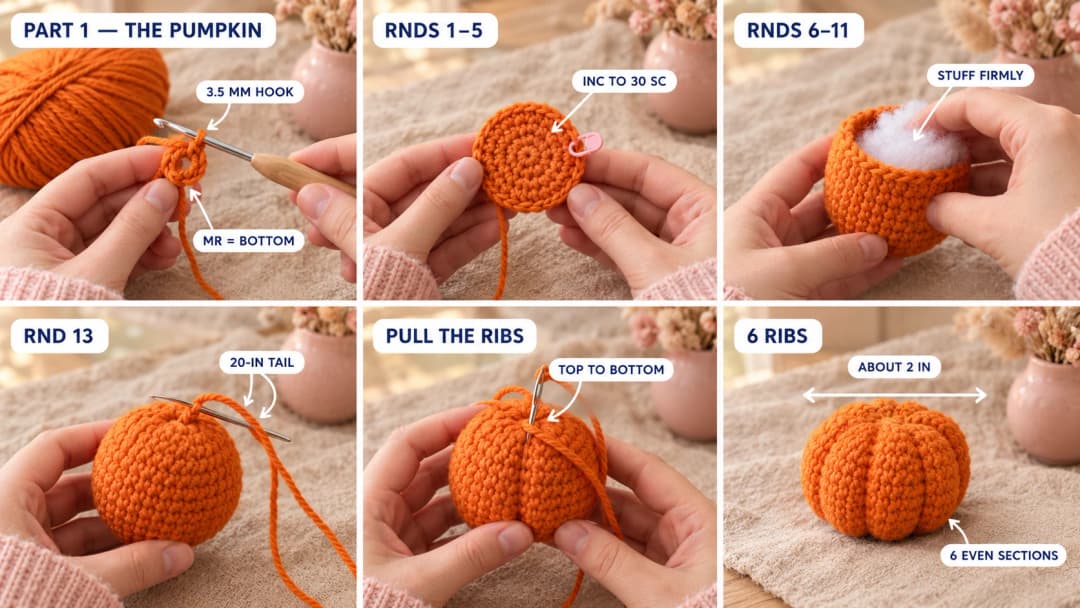Step 1 of the pumpkin keychain crochet pattern: an orange magic ring of 6 single crochet on a 3.5 mm hook, a small flat orange disc of 30 stitches, straight rounds forming a little ball, the ball being stuffed, the top closed with the tail, and a tapestry needle pulling six rib lines from top to bottom until the ball becomes a squat ribbed pumpkin