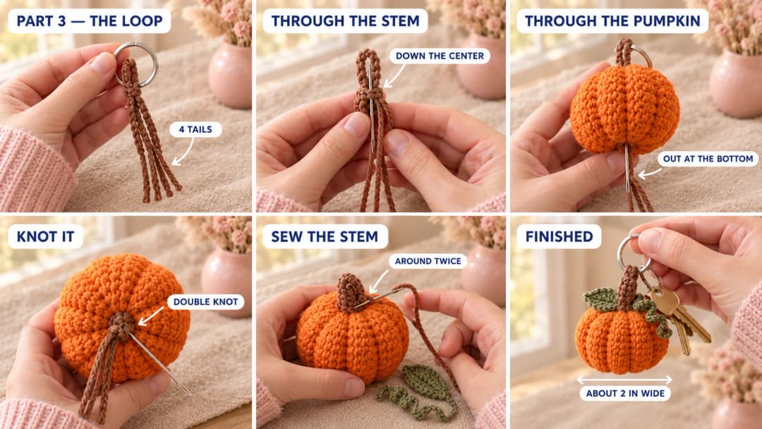 Step 3 of the pumpkin keychain crochet pattern: the folded brown chain on a split ring, a tapestry needle taking the four tails down through the stem and through the middle of the pumpkin, the tails knotted at the bottom center, the stem sewn around twice, the leaf and curly vine sewn beside it, and the finished pumpkin keychain on a key ring