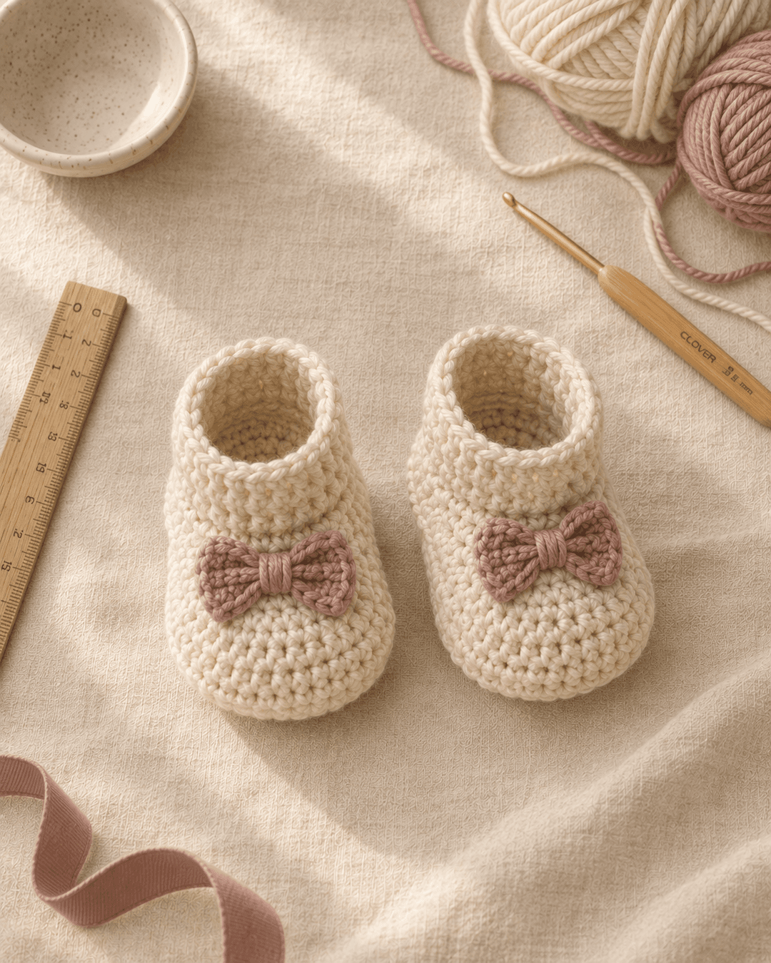 Pair of cream crochet baby booties with dusty rose bow appliqués, styled on soft cream linen with a wooden ruler, bamboo hook, and small yarn balls nearby