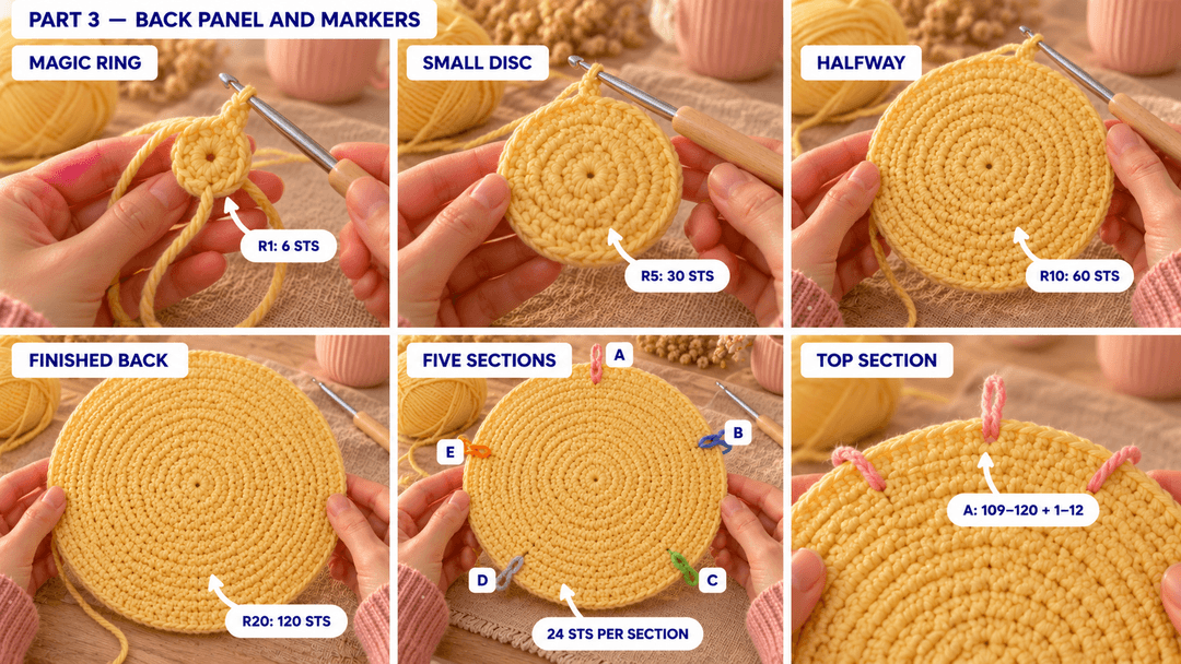 Round yellow back panel growing to R20 with 120 stitches and five marked sections