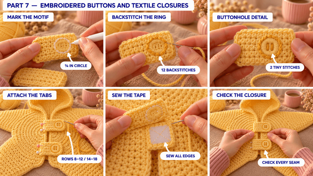 Embroidered circular button motifs and sewn textile tape beneath the two yellow tabs