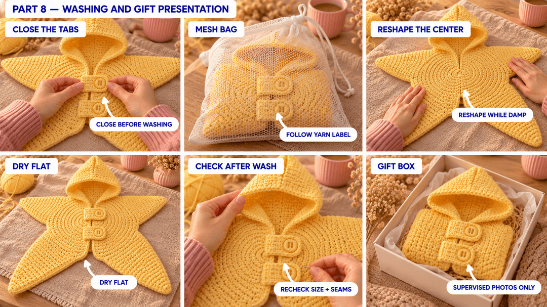 Washing, flat drying and gift presentation of the empty yellow starfish outfit