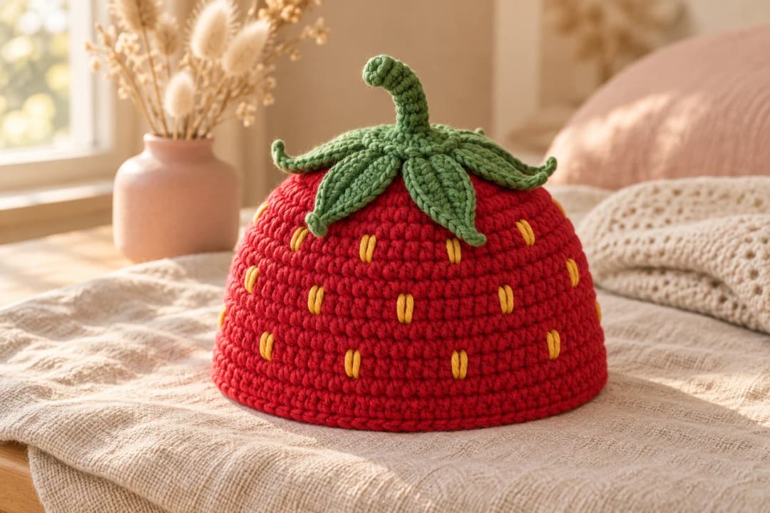 Strawberry crochet hat for a baby on oatmeal linen: a round red beanie in half double crochet with little yellow embroidered seeds, six pointed green leaves with raised veins spreading over the crown and a curved green stem on top