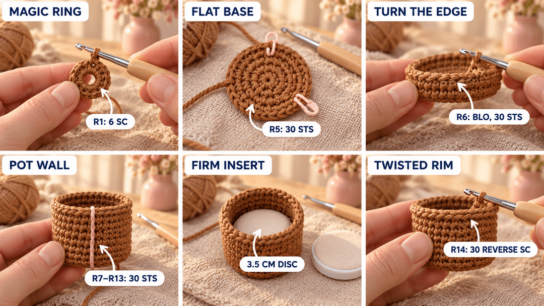 Six steps for the brown crochet pot: six-stitch magic ring, thirty-stitch base, back-loop turn, straight walls, covered base insert and thirty-stitch reverse-sc rim.