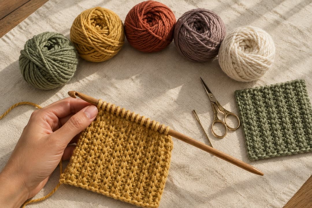 Overhead close-up on cream linen — five neat balls of worsted cotton yarn arranged in an arc in sage green, warm mustard yellow, deep terracotta rust, dusty mauve-brown and creamy oat. In front, a woman's hand holds a mustard yellow Tunisian Simple Stitch square in progress on a long wooden Tunisian crochet hook with a row of loops loaded along the barrel. Beside the piece: a finished sage green square, small brass embroidery scissors and a tapestry needle. Warm natural window light casting soft diagonal shadows on the linen.