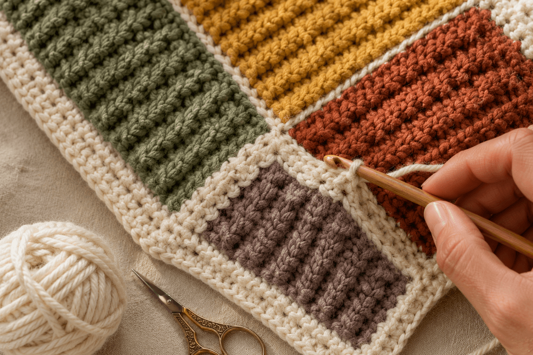 Close-up macro of the corner intersection of four already-seamed Tunisian crochet squares — sage green, mustard yellow, deep terracotta rust and dusty mauve-brown meeting in a clean cross. A woman's hand works a wooden 6 mm crochet hook mid-single-crochet along the edge of the blanket, adding the second round of a wide cream single-crochet border in cream cotton yarn. One round of cream border already complete, the second in progress. A small ball of cream yarn and small brass embroidery scissors sit on the cream linen at the edge of the frame.