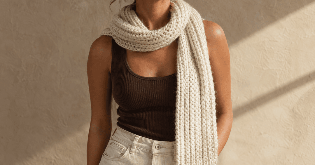 A woman wearing a handmade cream Tunisian-crochet ribbed wrap scarf loosely draped around her neck, with one long ribbed end trailing down her chest and the other tucked behind her shoulder. Distinct vertical 2x2 rib columns in bulky cream merino wool. Underneath, a chocolate brown ribbed cotton tank and cream jeans. Soft beige plaster wall background with warm diagonal window-light shadow from the side.