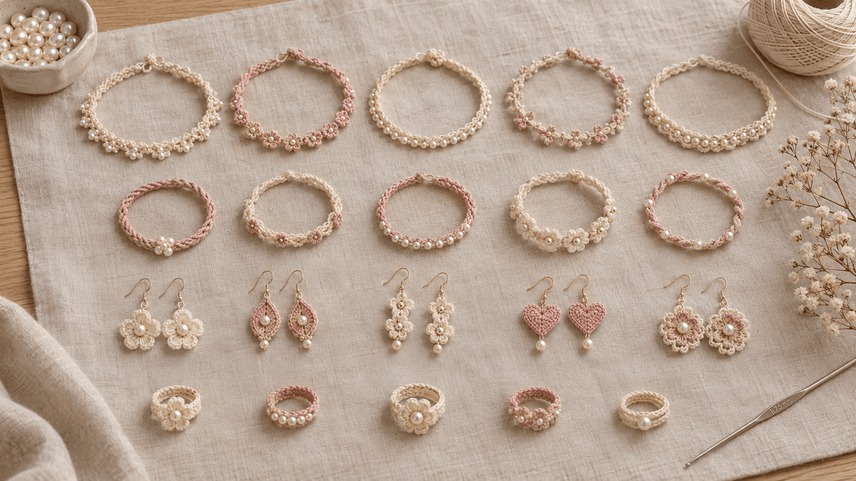 Flat-lay of twenty finished crochet jewelry pieces on cream linen with a bamboo hook and a ceramic dish of pearls