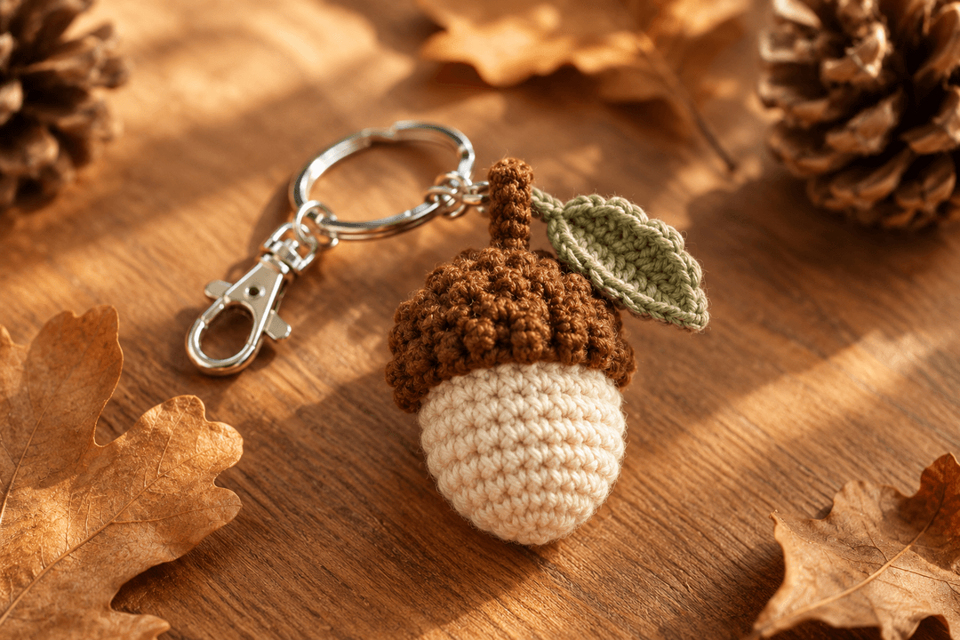 Close-up of a finished mini crochet acorn keychain on a wooden surface — cream body, textured chestnut cap, tiny brown stem and a small green leaf, silver split-ring visible in soft afternoon light