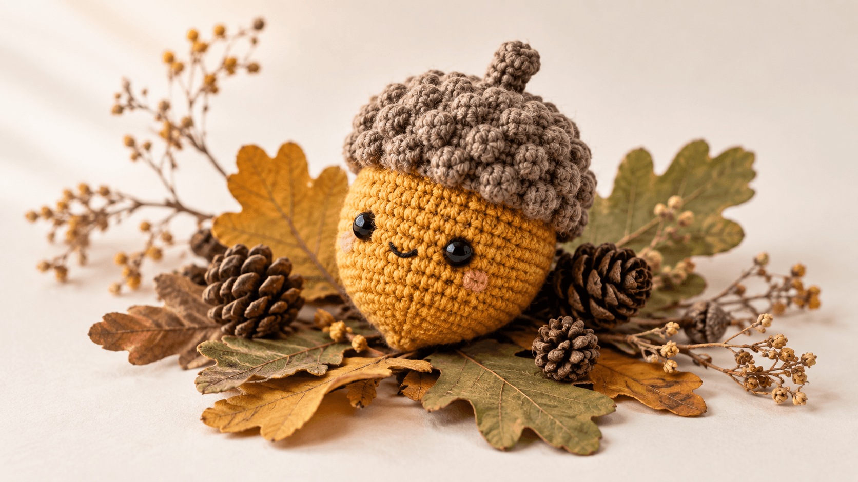 Handmade kawaii crochet amigurumi acorn with mustard yellow body, textured taupe bobble cap and cute black safety-eye smiley face, sitting on real oak leaves and mini pinecones with dried autumn branches