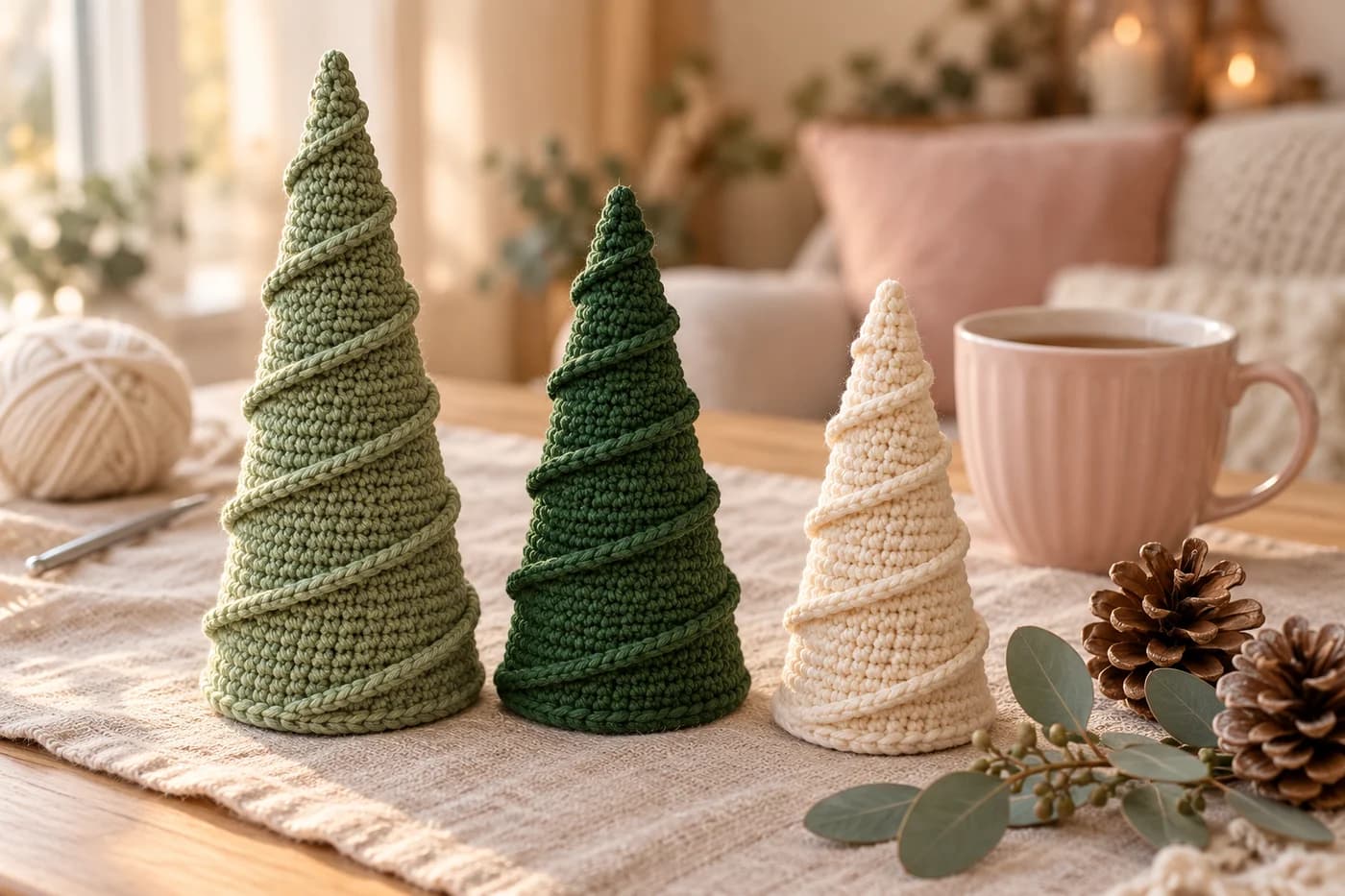 Alpine spiral crochet Christmas tree cone pattern: three standing crochet cone trees in sage green, deep forest green and cream, in three heights, each with a braided raised ridge spiralling from the base to the pointed tip, on an oatmeal linen runner next to a blush pink mug, pine cones and eucalyptus