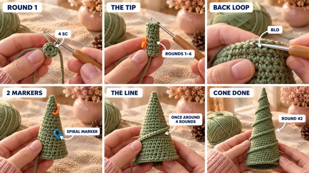 Step 1 of the alpine spiral crochet Christmas tree pattern: four single crochet in a magic ring, the narrow tip after six rounds, two stitch markers in the work, stitches worked through the back loop only, and the finished cone with a line of free front loops slanting around it
