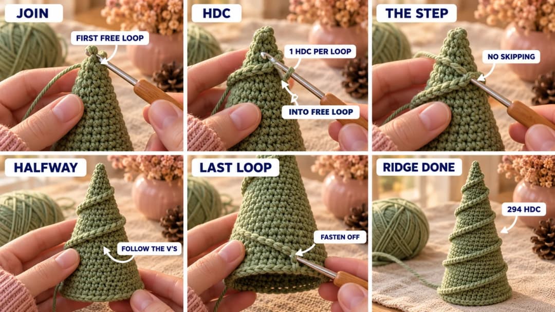 Step 2 of the alpine spiral crochet Christmas tree pattern: yarn joined in the first free front loop near the tip, half double crochet worked into the free loops, the ridge winding halfway down the cone, and the finished raised spiral from tip to base
