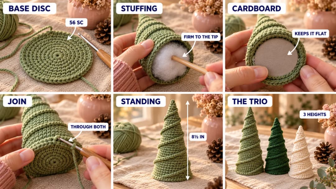 Step 3 of the alpine spiral crochet Christmas tree pattern: the flat crochet base disc, a cardboard circle on top of the stuffing, the base held against the bottom of the cone, single crochet joining both edges, and three finished trees standing in a row