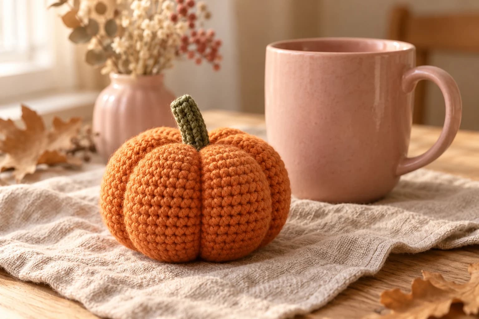 Amigurumi pumpkin pattern finished: a plump round orange crochet pumpkin about 3 inches wide with six deep grooves pulled in from top to bottom and a short green crocheted stem on top, sitting on oatmeal linen next to a blush pink mug