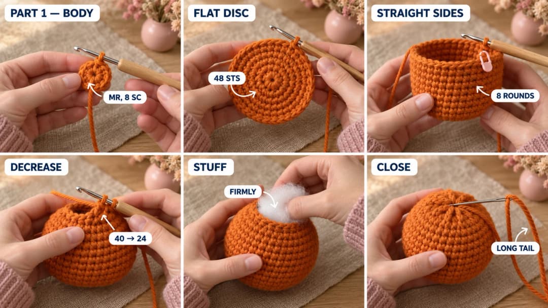 Step 1 of the amigurumi pumpkin pattern: an orange magic ring of 8 single crochet on a 3.5 mm hook, a flat disc growing to 48 stitches, straight rounds forming a deep cup, fingers stuffing the open top, and the last 8 stitches pulled closed with a very long tail left on the needle