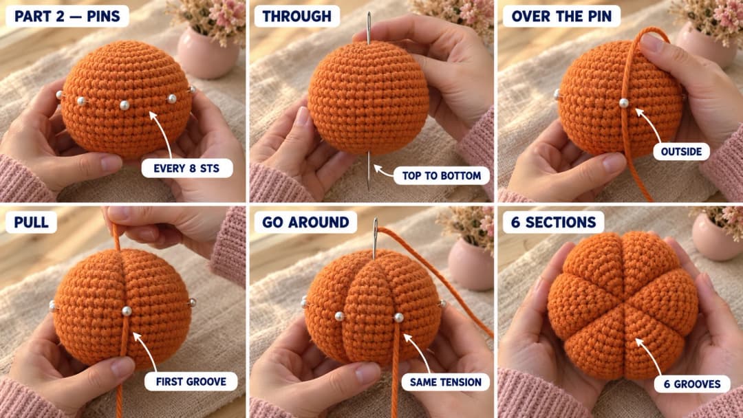 Step 2 of the amigurumi pumpkin pattern: six pins placed evenly around the middle of the orange pumpkin, a long tapestry needle going down through the top center and out at the bottom, the orange tail wrapped over the outside along a pin, and the pumpkin pulled into six even sections