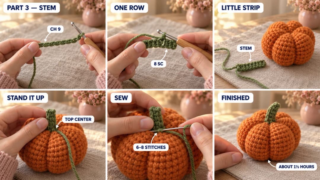 Step 3 of the amigurumi pumpkin pattern: a green 9-chain on the hook, a strip of 8 single crochet, the stem stood on the top center of the grooved orange pumpkin and sewn down with a tapestry needle, and the finished pumpkin with its green stem