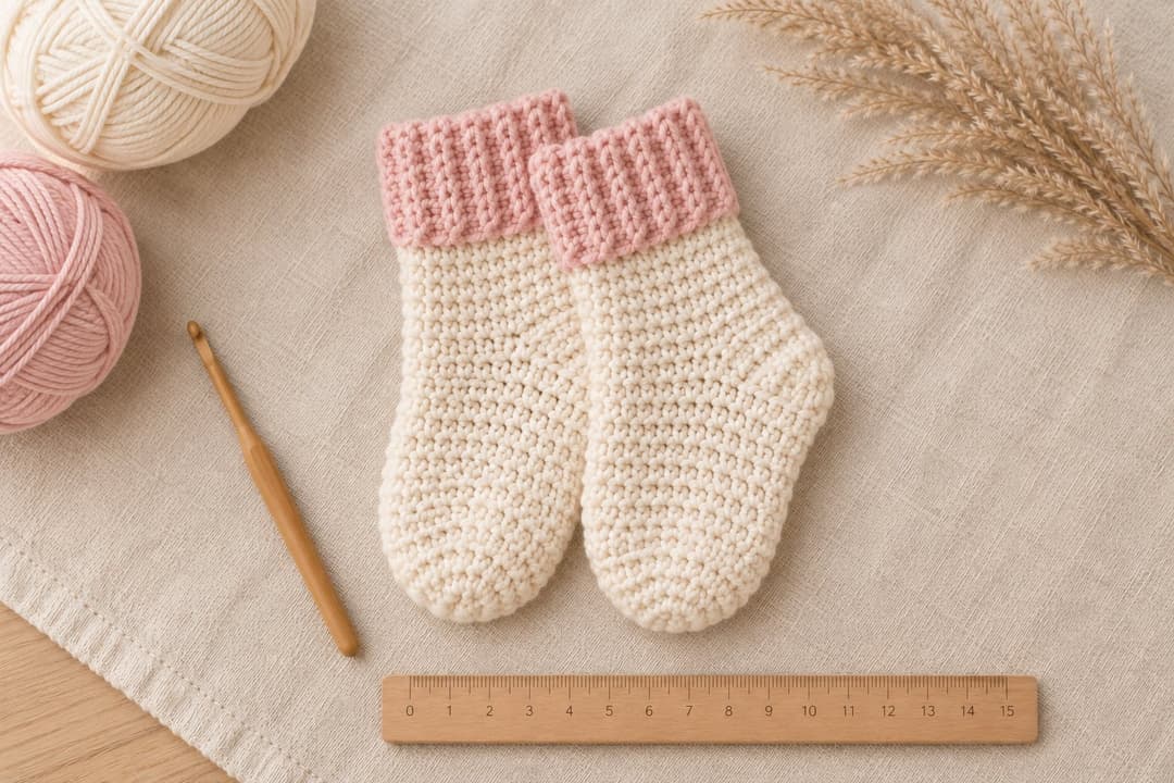 Pair of cream crochet baby socks with blush ribbed cuffs laid flat on cream linen next to a small wooden ruler