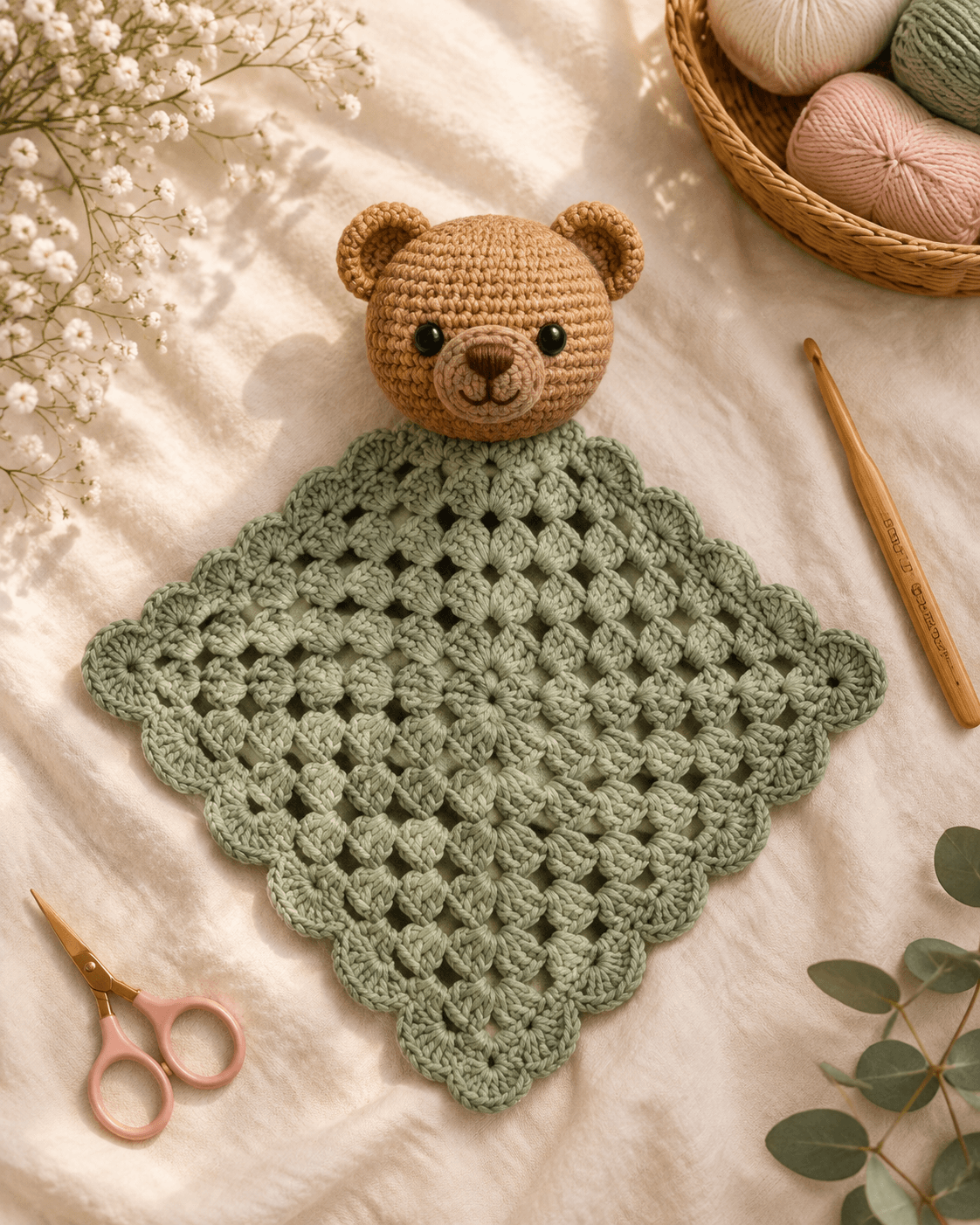 Overhead flat-lay of the finished Barnaby crochet teddy bear lovey — tan amigurumi bear head with round ears sewn to a square sage-green granny-style blanket with scalloped shell border, styled on cream muslin with baby's breath, pink-handled scissors, bamboo hook, eucalyptus and a rattan basket of yarn