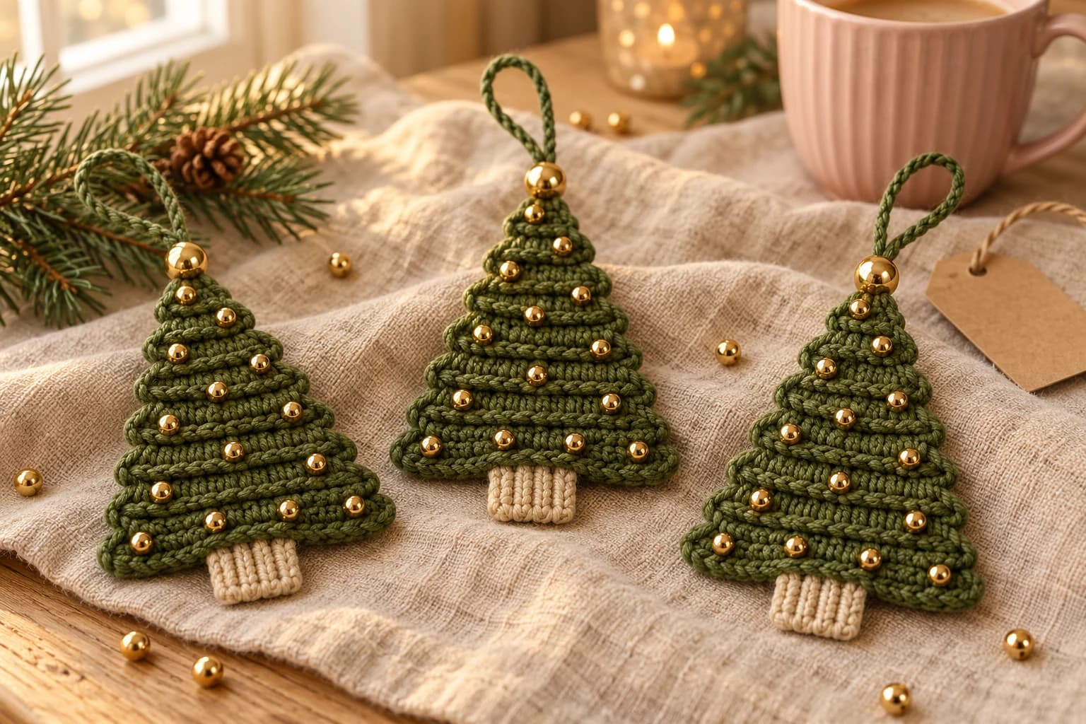 Three flat crochet Christmas tree ornaments on oatmeal linen: moss green triangles with ridged tiers from the trunk to the tip, small gold beads sewn along the tiers, a ribbed cream trunk at the bottom, a big gold bead at the tip and a twisted green hanging loop