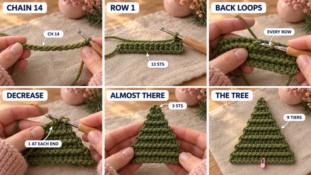 Step 1 of the beaded crochet Christmas ornament in six photos: a green chain of 14 on a 4 mm hook, the first row of 13 single crochet, the back loops worked on every row so ridges stack up, a decrease at each end of a row, the tree narrowing to 3 stitches, and the finished flat green triangle with nine ridged tiers and a stitch marker in the middle of the bottom edge