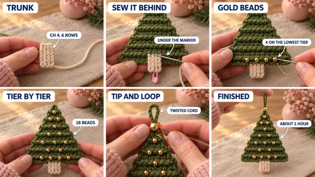 Step 2 of the beaded crochet Christmas ornament in six photos: a small ribbed cream rectangle worked sideways, the trunk sewn behind the bottom edge of the green tree, small gold beads sewn along the lowest ridges with a fine needle and thread, a big gold bead sewn onto the tip, a twisted green cord folded into a loop behind the tip, and the finished beaded tree hanging from its loop