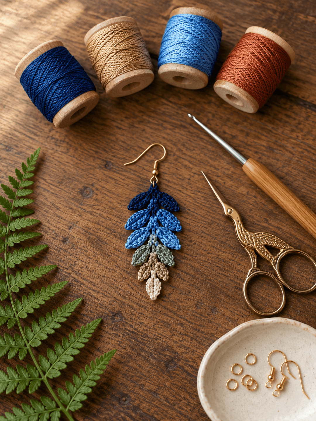 Single boho crochet fern leaf earring in an ombré from navy through blue, sage and tan to ivory cream
