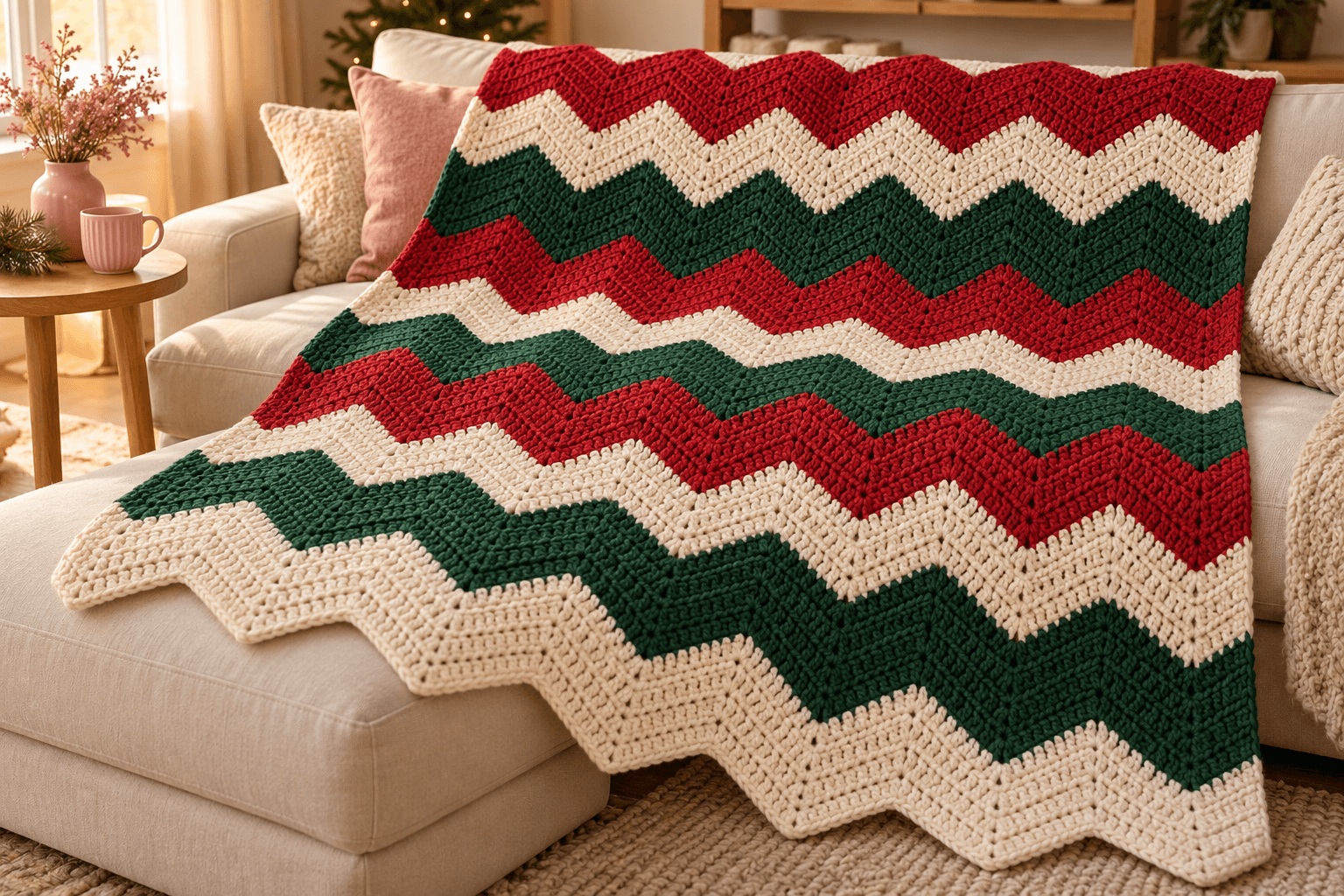 A crochet Christmas throw draped over a chair, with broad cream, forest-green and red stripes following eight pointed chevrons, closely spaced double crochet stitches and zigzag ends