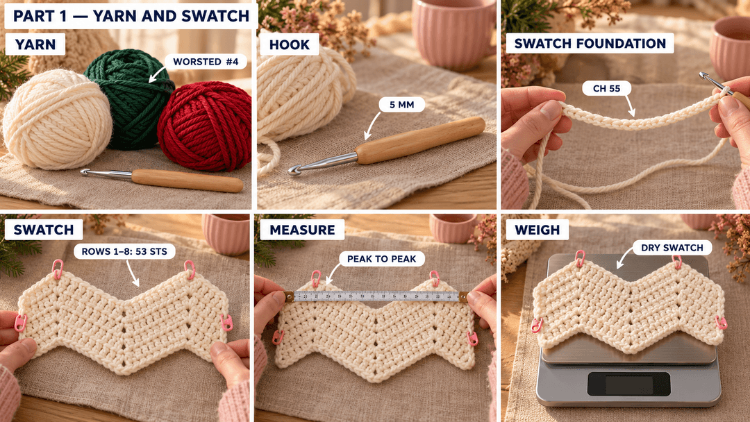 Cream, forest-green and red worsted acrylic beside a 5 mm hook, followed by a 55-chain foundation, a two-peak eight-row chevron swatch with 53 stitches, a horizontal peak-spacing measurement and the dry swatch on a scale