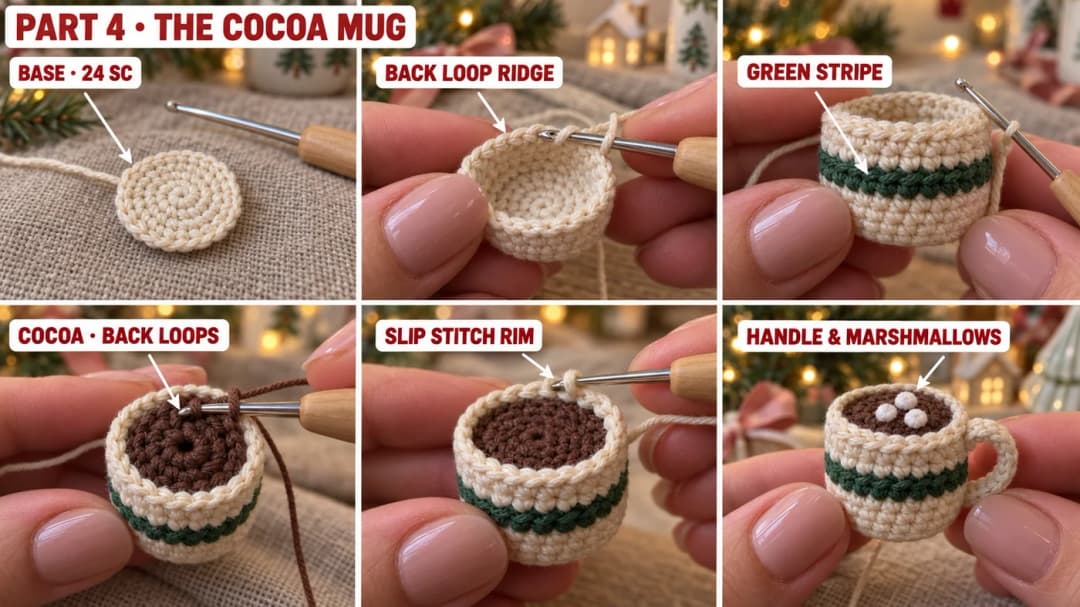Step-by-step photo grid for Bramble's tiny cocoa mug: a cream magic ring base of 24 single crochet, the back loop ridge, the green stripe, the brown cocoa worked in the back loops, the slip stitch rim, and the finished mug with its handle and marshmallows