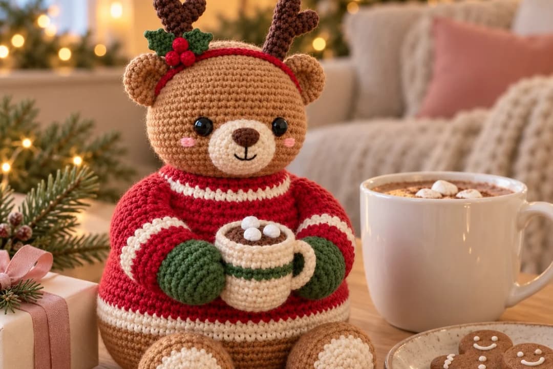 Bramble the Cocoa Bear crochet amigurumi sitting on a wooden coffee table next to a real mug of hot chocolate and gingerbread cookies: a caramel bear with a cream muzzle, red and cream striped sweater, green mittens around a tiny cream cocoa mug with a green stripe, and a red headband with chocolate antlers and holly