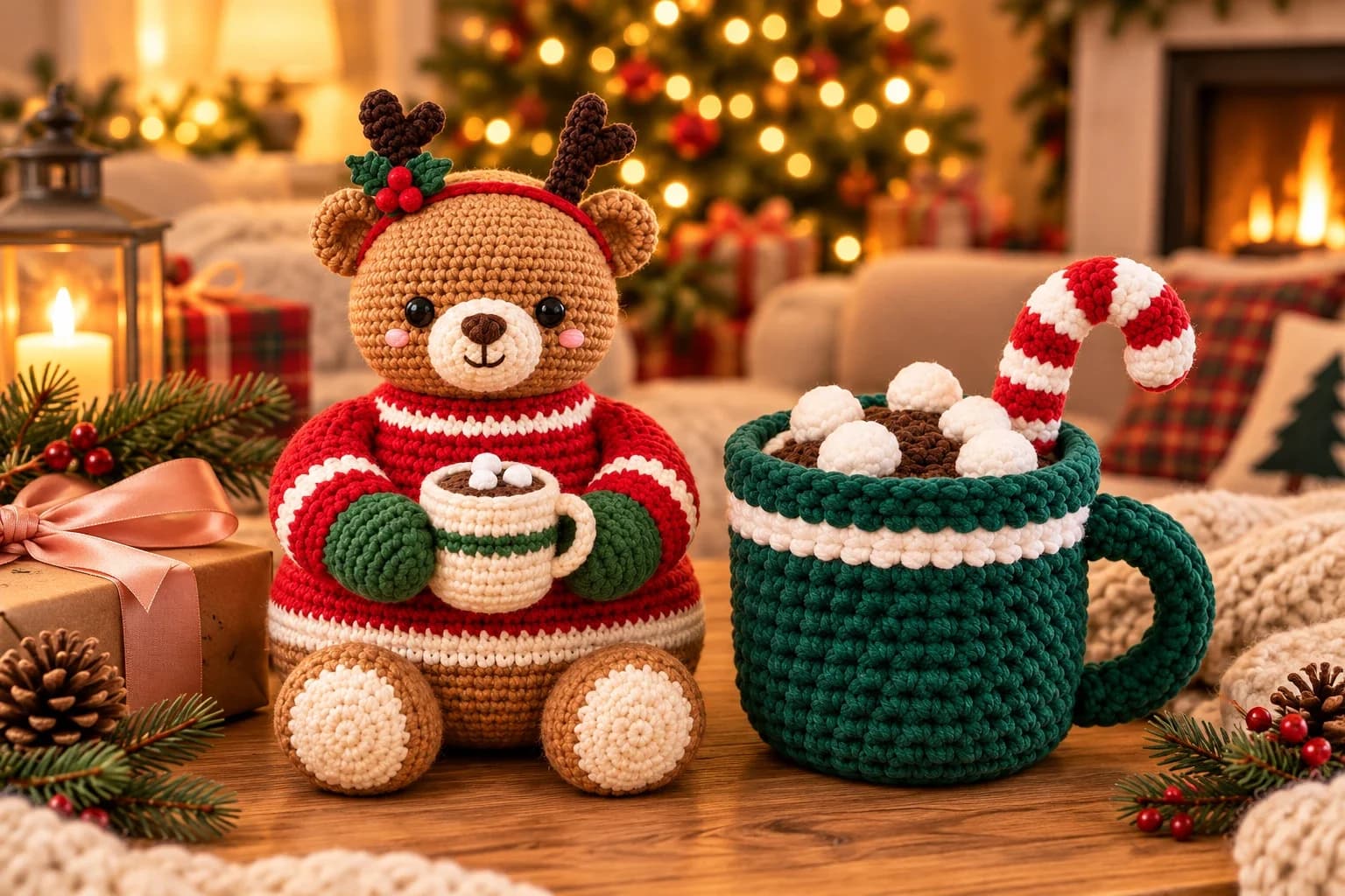 Bramble the Cocoa Bear and the Peppermint Cocoa Mug crochet patterns side by side on a wooden coffee table: a caramel teddy bear in a red and cream striped sweater with reindeer antlers, holly and green mittens holding a tiny mug of cocoa, next to a forest green chenille mug with a white stripe, puffy marshmallows and a red and white candy cane, in a cozy living room with a lit Christmas tree, a fireplace, pine sprigs and a gift with a pink ribbon