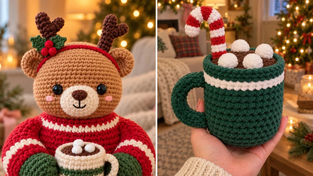 Bramble the Cocoa Bear's smiling face with chocolate antlers and red holly berries next to the back of the Peppermint Cocoa Mug, a green chenille mug with marshmallows and a candy cane, both in the same red, cream and forest green colours