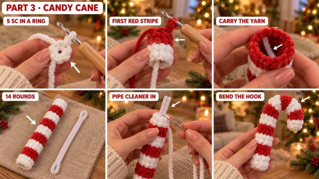 Step-by-step photo grid for the crochet candy cane: five single crochet in a white magic ring, the first red stripe, the red yarn carried inside the tube, the finished 14-round striped tube next to a pipe cleaner, the pipe cleaner pushed inside, and the hook bent into a candy cane shape