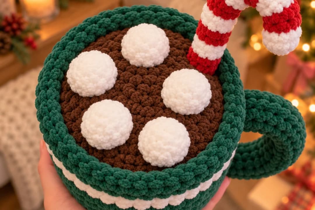 Peppermint Cocoa Mug crochet amigurumi seen from above, held in one hand: a forest green chenille mug with a white rim stripe, brown cocoa on top, five puffy white marshmallows and a red and white striped candy cane hooked over the handle side
