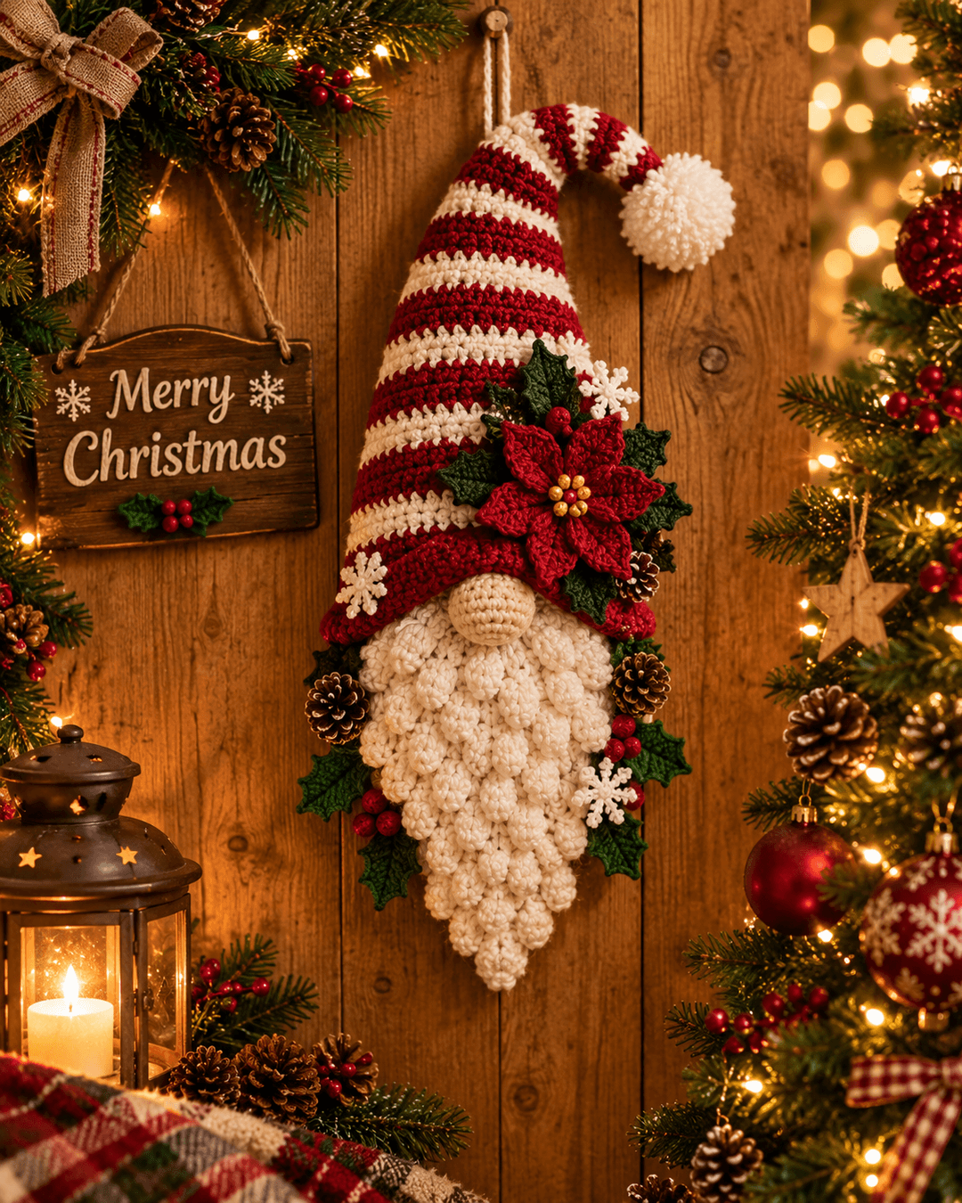 Crochet Christmas gnome wall hanging with a cream bobble beard, a long red and cream striped hat, a poinsettia, holly and snowflakes, next to a lit tree