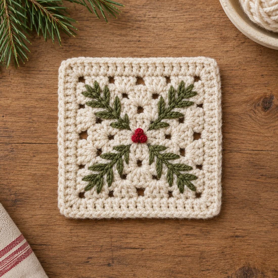 Finished Christmas granny square in cream with four olive green pine sprigs running to the corners and a red berry in the center, on a warm wooden table with a sprig of pine and a bowl of cream yarn