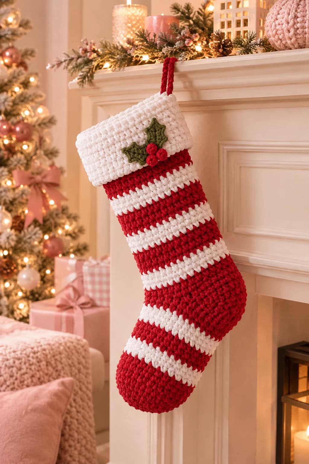Amigurumi Christmas stocking crochet pattern: a plush chenille stocking with a thick folded white cuff, a green holly sprig with three red berries, red and white candy stripes down the leg and foot, and a solid red rounded heel and toe, hanging from a red loop on a white mantel with garland, candles and a lit Christmas tree