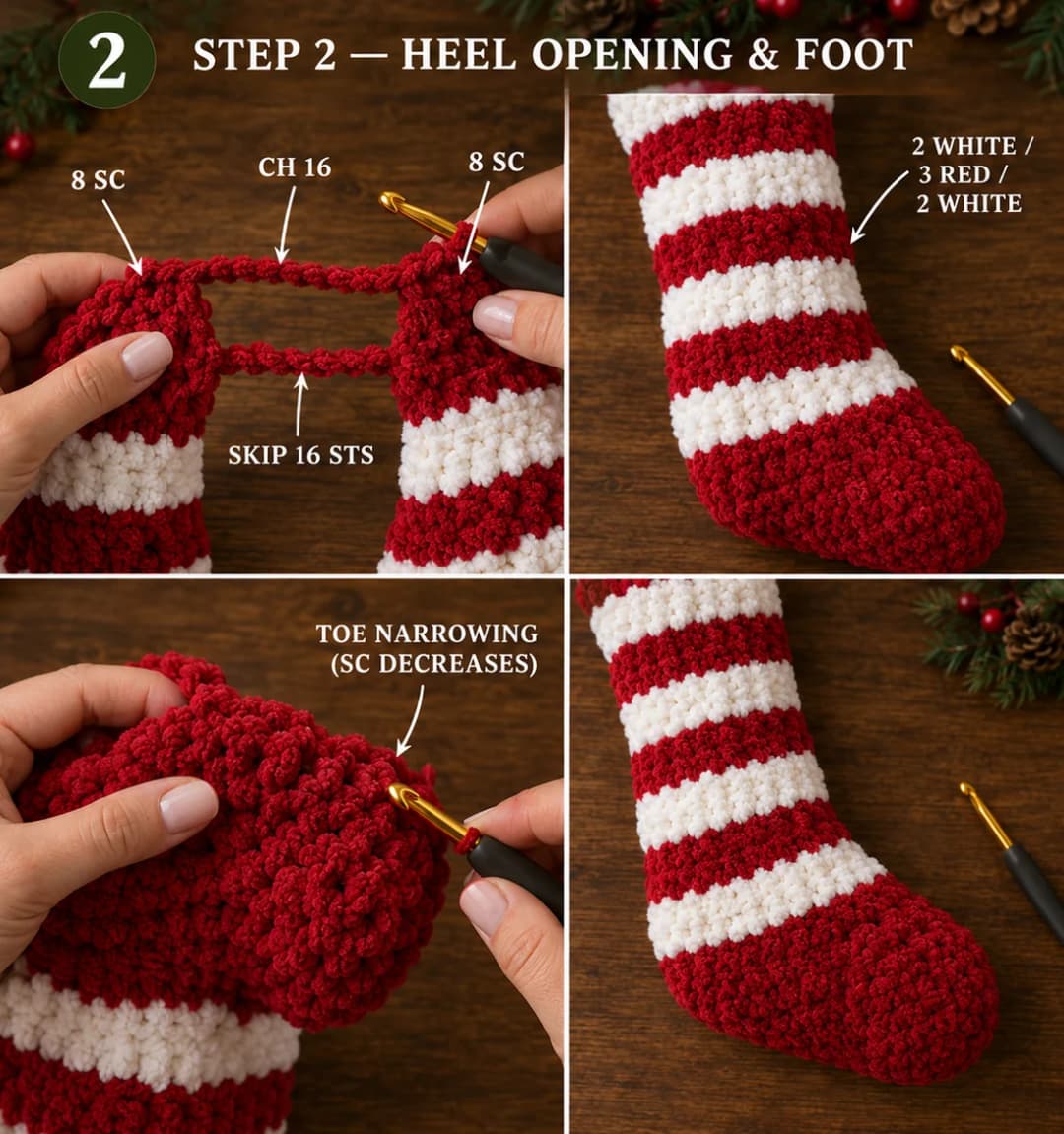 Part 2 of the amigurumi Christmas stocking: the red round with a chain of 16 bridging the back for the heel opening, the foot stripes of white, red and white, and the red toe decreasing from 32 to 8 stitches and cinched closed